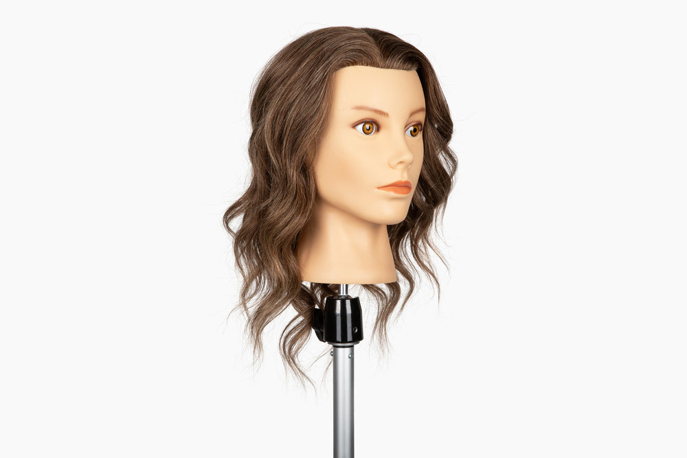 100% Human Hair Mannequin Head,Hair Color Medium Brown Gray Mix, 18-20” Length |Violet